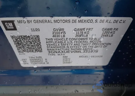 2021 Chevrolet Equinox Awd Lt из США, поврежденный, VIN 3GNAXUEV0ML331978